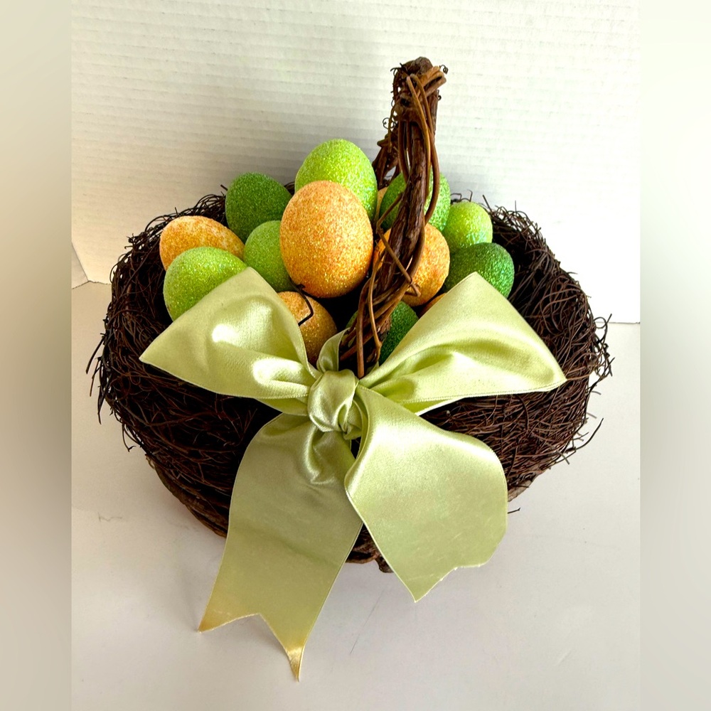 Twig Basket with Green and Orange Sparkling Styrofoam Eggs with Handle Satin Bow